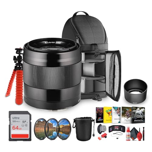 Sony E 50mm f/1.8 OSS Standard Prime Lens – Image Stabilized, Lightweight (SEL50F18/B) + Sling Backpack + Photo Software + 64GB Memory Card + Lens Filter Kit + Flexible Tripod + More