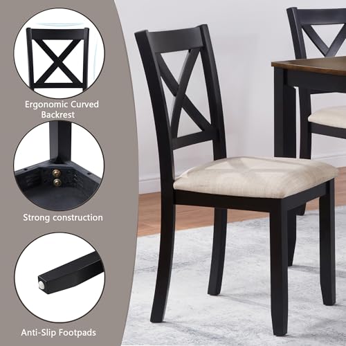 Image of Harper & Bright Designs Dining Table Set for 6 with Bench, 6-Piece Farmhouse Kitchen Set in Black & Oak Two-Tone, Solid Wood Frame Table & 4 Chairs for Dining Room