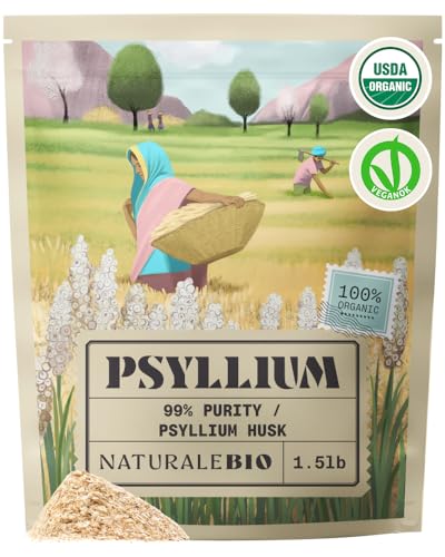 NaturaleBio Organic Whole Psyllium Husk 1.5lbs (24oz 680g). 99% Pure Psyllium Seed Husks. USDA Organic Certified. Isabgol Natural Fiber for Keto Paleo Vegan & Gluten-Free Diets.