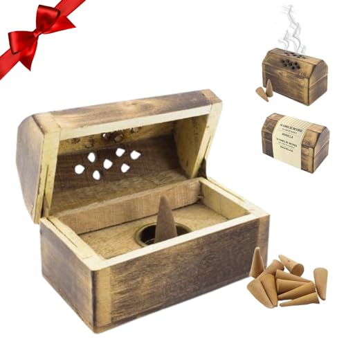 LiveLaif®–Caja Baúl Quemador de Incienso, de Madera con 10 Conos Inciensos | Porta Incienso Rústico con Conos Incienso Vainilla | Ideal para Decoracion Zen, Relajación e Incienso Yoga (Caja-Madera)
