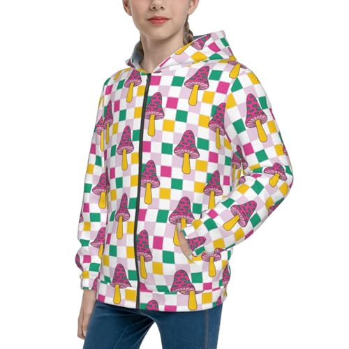 Cute Checkerboard Mushrooms Kids Pullover Hoodies Boys Zip Up Sweatshirts Girls Athletic Clothes with Pocket
