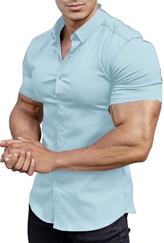 Lista de Camisas de Vestir para Hombre Baratas que Puedes Comprar On-line. 47 EOUOSS - Camisa de vestir para hombre, ajuste muscular, de manga corta, elástica, casual, con botones, Azul/claro, Large