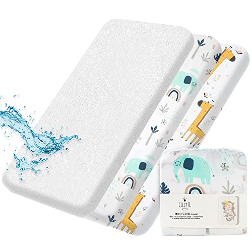 Image of Pack and Play Sheets Fitted Lilly B. Organic GOTS Set mini Crib Sheets 2+1 Waterproof Protector fits on Crib/mini-Crib/pack'n'Play Gender Neutral, Fit All Shape Upto (38Lx 24Wx 6H) inch