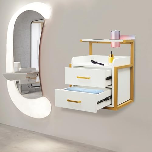 Suspended Salon Wall Cabinet, Wall Mounted Styling Salon Station, Hair Cutting Station w/2 Storage Drawers&Hair Dryer Stand, Facial Salon Storage Cabinet for Hair Salon,Home,Beauty Shops (Gold+White)