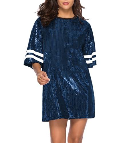 Image of CUTUBLY Women's Sequin T Shirt Mini Dress for Concert, Birthday, Night Out, Festival, Oversized Short Sparkly Party Dresses, Fully Lined & Soft Clubwear Glitter Outfit(Blue,XXL,H23168)