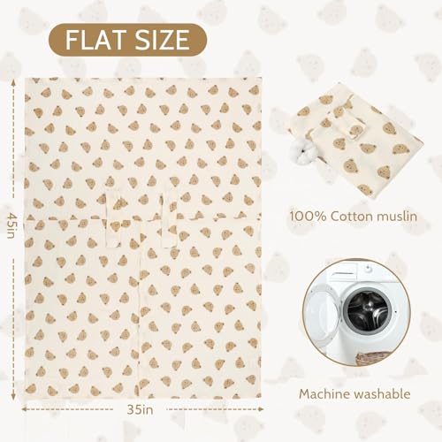 Image of Car Seat Cover Baby Girls Boys, Summer Cotton Baby Car Seat Cover for Carseat, Comfortable Muslin Nursing Cover, Soft Baby Blanket, Breathable Lightweight Infant Stroller Canopy, Cute Bear