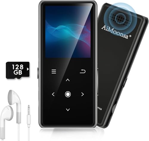 Image of 128GB MP3 Player with Bluetooth 5.2, AiMoonsa Music Player with Built-in HD Speaker, FM Radio, Voice Recorder, HiFi Sound, E-Book Function, Earphones Included