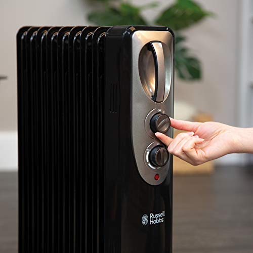 Russell Hobbs 2kW Oil Filled Radiator, 9 Fin Portable Electric Heater - Black, Adjustable Thermostat, Safety Cut-off, 20 m sq Room Size, ‎RHOFR5002B-AZ, 2 Year Guarantee