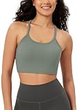 ODODOS Seamless Racerback Sports Bra for Women Ribbed Camisoles Non Padding Yoga Bra Crop Tank Tops, Green Milieu, X-Large