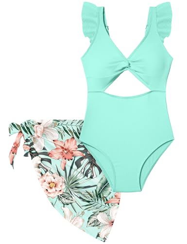 Image of Girls One Piece Swimsuit Cut Out Ruffle Bathing Suit Twist V Neck Swimwear Solid Color with Cover Up Skirt 9-16T