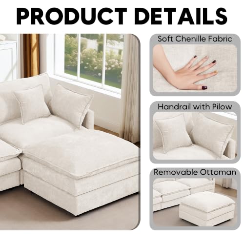 Image of 110.5 inch L Shaped Modular Sectional Sofa, Comfy Upholstery Chenille Cloud Couch with Ottoman, Modern 4-Seat Deep Seat Sofa with Pillow for Living Room, Apartment, Beige White