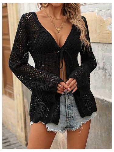 SHENHE Women's Front Tie Cardigan Bell Sleeve Hollow Out Lightweight Tunic Cardigan Sweaters3