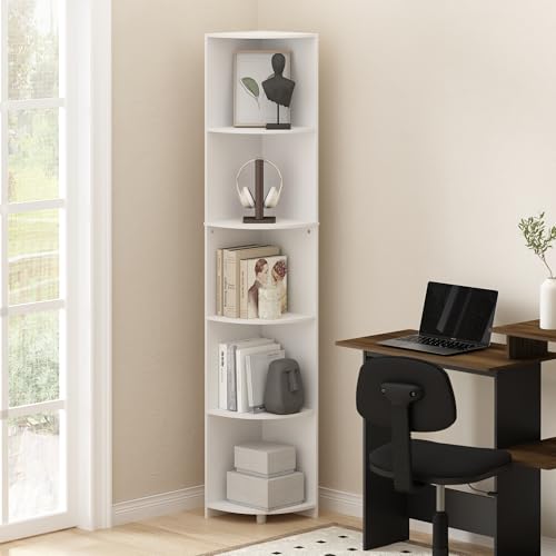 Image of Furinno ECON Corner Shelf, 5-Tier Corner Book Shelf, Storage Shelves, Display Rack, Bookshelf, for Organization and Storage, Living Room, Home Office, White