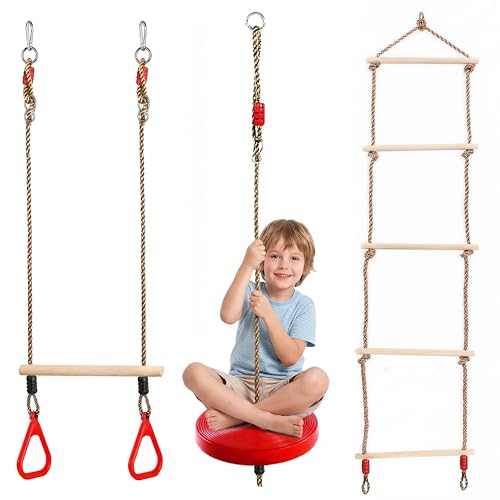 The Magic Toy Shop Trapeze Bar Rope Ladder & Round Button Swing Seat with Adjustable Ropes - 3-in-1 Weather Resistant Garden Climbing Frame Accessories & Outdoor Play Equipment for Kids Ages 3+