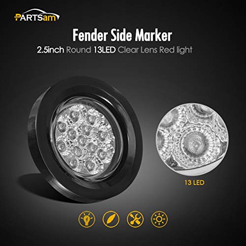 Partsam 10Pcs 2.5" Round Red Led Clearance And Side Marker Lights Kit 13 Diodes Clear Lens W Reflectors Grommets/Pigtails Truck Trailer Rv Flush Mount Waterproof 12V Sealed, 2.5" Round Led Lights #TOP1
