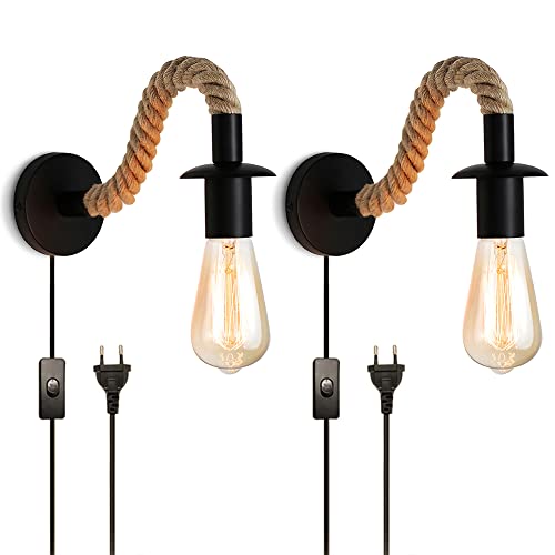 2pcs Wandlampe mit Schalter Vintage Hemp Rope Industrial Wall Light Stecker WandleuchteIdeal for Loft Hallway Bedroom E27 110/220V Cover