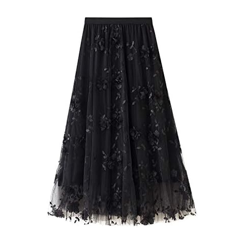 Womens Tutu Tulle Skirt Elastic High Waist Layered Skirt 3D Flower Embroidery Solid Color Mesh A-Line Midi Swing Skirt Cover
