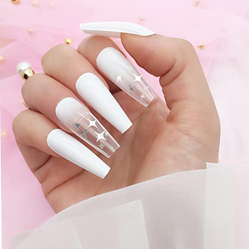 CINLITEK 24 Pcs Press on Nails Long Coffin Nails, Fake Nails Glue on Nails, Acrylic Nail Set False Nails with Glue and Sticky Tabs, Nail Tips Acrylic Nails for Women and Girls(White Mixed Stars)