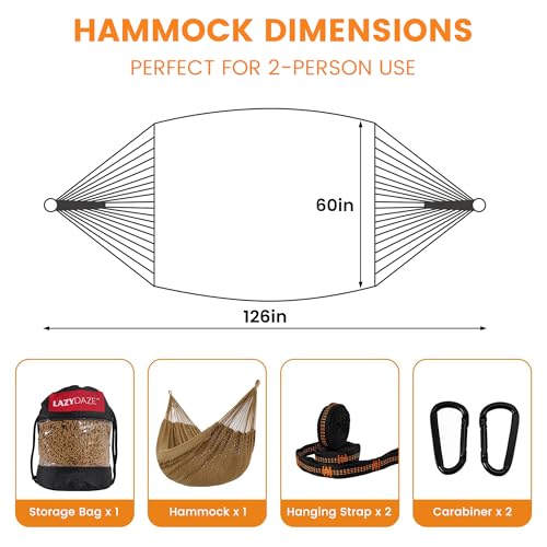 Image of Lazy Daze Hammocks Handwoven XL Mayan Hammock, 10.5 FT Soft Rope Double Hammocks, Portable Outdoor Hammock with Carry Bag, 2 Straps & Carabiners for Patio Outside, 550 lbs Weight Capacity, Tan