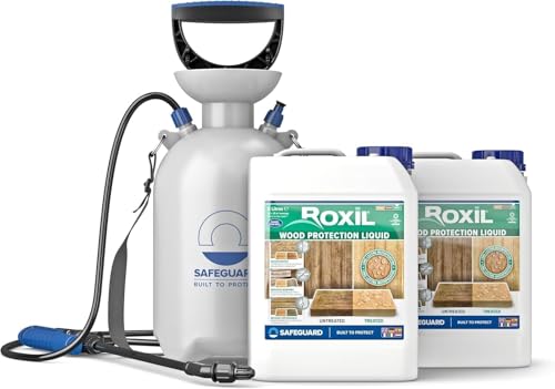 Roxil Holzlasur (2 x 5 L & Sprayer, Transparent) - Bis zu 10 Jahre Witterungsschutz und Hydrophobierung für Weichholz und gealtetes Hartholz - Geeignet für Holzmöbel, Gartenmöbel