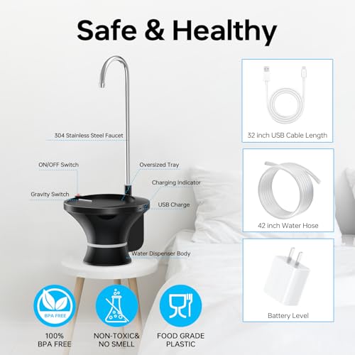 Image of Drinking Water Dispenser Pump, Automatic Electric Drinking Water Bottle Pump for 2-5 Gallon Water Jugs, USB Rechargeable with 2 Switch Control, Stable and Portable for Home, Kitchen, Office, Camping
