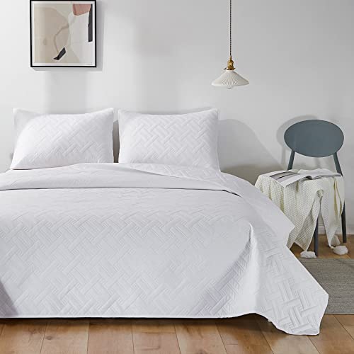 Beeweed Quilt Set Queen Size 3 Pieces, Lightweight Microfiber Basket Pattern Bedspreads For All Season, White Soft Summer Coverlet Set With Ultrasonic Quilting Technology (1 Quilt, 2 Pillow Shams) #TOP7