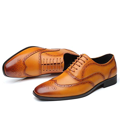 Men's Leather Oxford Wingtip Dress Shoes, Brogue Pattern, Tan Brown, Lace-up4