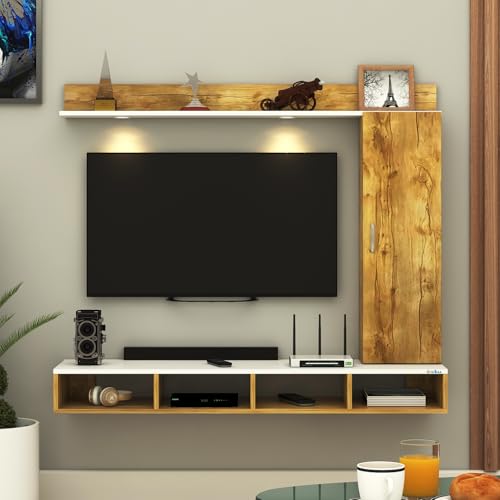 Image of Anikaa Dorex Engineered Wood Wall Mounted TV Unit with LED Lights, Storage Cabinet & Display Shelf for Living Room | Ideal for Upto 43 Inch TV- Giantwood /White(DIY Installation)