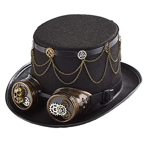 Chapeau haut de forme vintage style victorien en feutre noir texturé avec crâne de collection