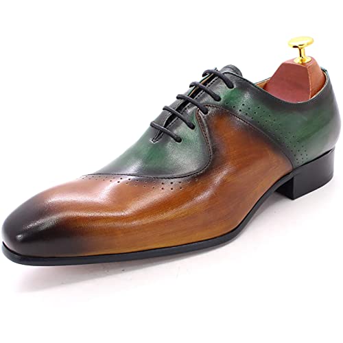 Mens Brown and Green Leather Uniform Shoes Dress Formal Lace Up Derby Shoe Classic Work Oxfords Office Wedding,Brown-42