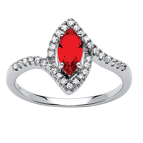 Sterling Silver Marquise Cut Simulated Birthstone and Cubic Zirconia Halo Ring - July - Simulated Ruby