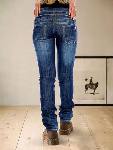 Flamingals Straight Leg Jeans for Women Mid Rise Causal Layered Waist Wash Stitch Detail Jeans3