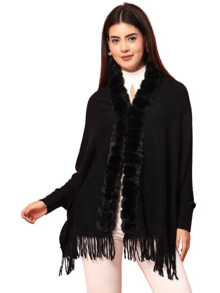 mafadeny Women's V-Neck Poncho with Faux Fur Border and Fringe Hem-picture-10