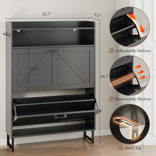 Image of BORNOON Shoe Cabinet with 2 Flip Drawers Narrow Shoe Storage Cabinet Organizer Wooden Freestanding Rack Hidden Slim Storage for Entryway, Hallway, Living Room, Bedroom