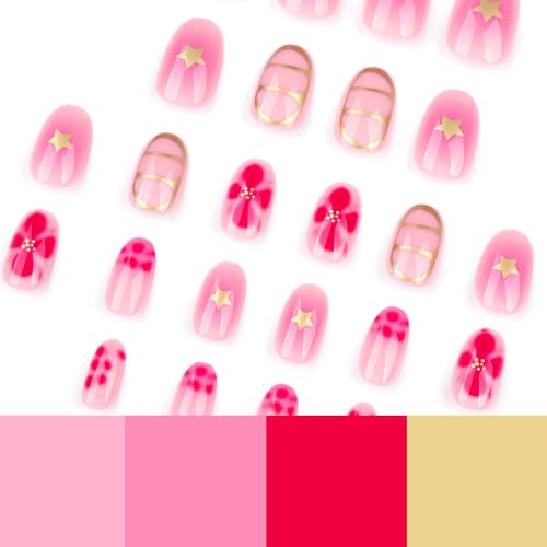 Image of Floral Press on Nails Hot Pink Fake Nails Spring Summer Nail Glossy Glue on Nails Reusable Artificial Acrylic Full Cover Star Stick on Nails Short Oval False Nails for Women Girls Manicure 24Pcs