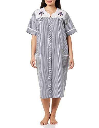 Image of AmeriMark Women Calf-Length Snap Front Knit Duster House Coat Robe - Loose-Fitting Plush Bathrobe - Short Sleeve Bath Robe