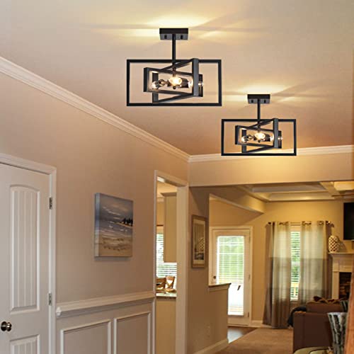 3-Lights Black Industrial Ceiling Light, Rustic Vintage Farmhouse Chandelier Lighting Semi Flush Mount Rectangle Metal Pendant Light for Kitchen Island Bedroom Hallway entryway - Image 7