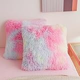 HAIHUA Faux Fur Tie Dye Pink Throw Pillow Covers, Fluffy Soft Fuzzy Decorative Pillow Cases Cute Pillowcases for Home Bedroom Living Room, Zipper Closure, Set of 2 (Tie Dye Pink, 18'x 18')
