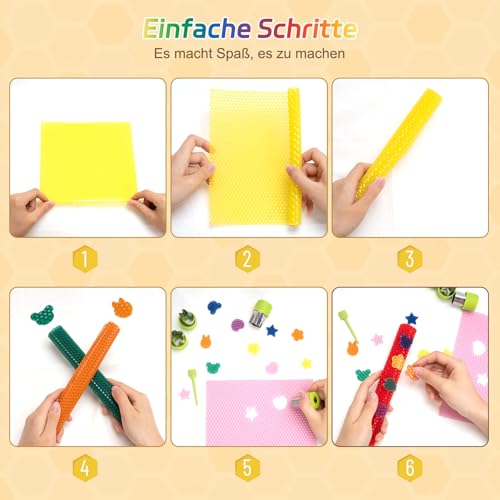 Bienenwachsplatten für Kerzen 12 Stück, 20x20 cm Wachsplatten Regenbogen zum Verzieren von Kerzen für Selbstgestalten, Kerzenwachs Platten für Ostern & Kommunion mit Formen, Kinderscheren & Anleitung