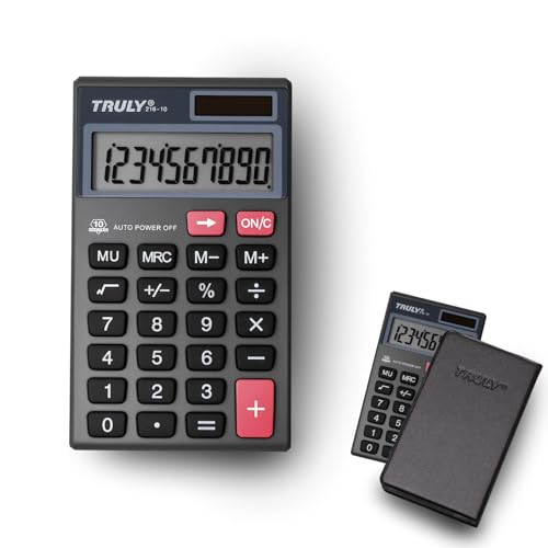 TRULY Pocket Calculator, 10-Digit Solar Calculator with Dual Power, Big Buttons, Auto Power Off, Compact Mini Calculator with PU Leather Case for Office, School & Travel – 216