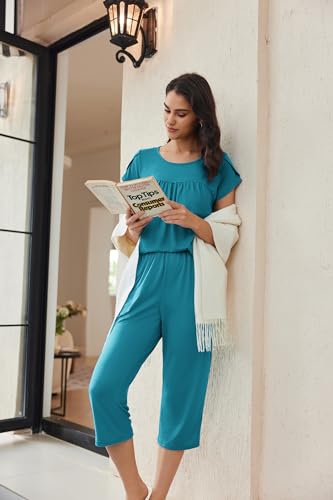 Image of Ekouaer Women's Capri Pajama Set Short Sleeve Mumu Pjs Pleated Top Capri Pants with Pockets Sleepwear Lounge Set