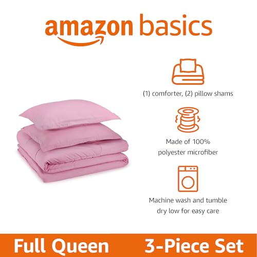 Image of Amazon Basics 3-Piece Soft Microfiber Kid's Comforter and Pillow Sham Set, Full /Queen, Light Pink, Solid