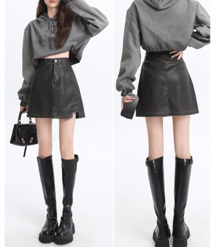 Women's Fashion High Waist PU Leather Skirt Vintage A-Line with Lining Irregular Hem Casual Short Skirts2