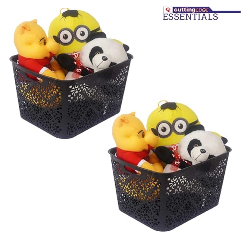 Image of Cutting Edge Essentials Plastic Storage Baskets /Shelf /Turkish Rack without Lid - Set of 2 for Fruit Vegetable Bathroom Stationary Home Basket with Handle (Black, Large)