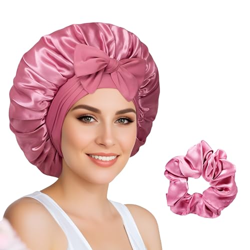 Gorro de seda para el cabello, noche, gorro de raso para el cabello, cierre rizado, ajustable, con elástico largo, para mujeres y hombres, doble capa para cabello largo o rizado, púrpura