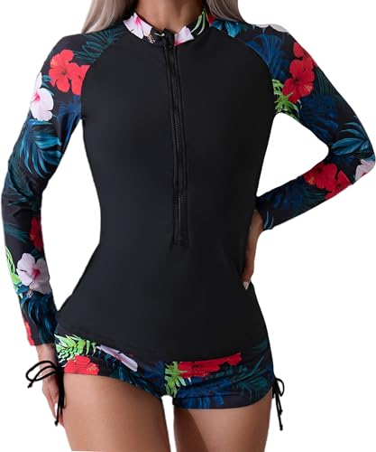 Women Long Sleeve Rash Guard Set UPF 50+ Two Piece Swimwear Swimming Top and Shorts Surf Suit Floral Pattern Swimsuit for Snorkeling Diving Wakeboarding Black M