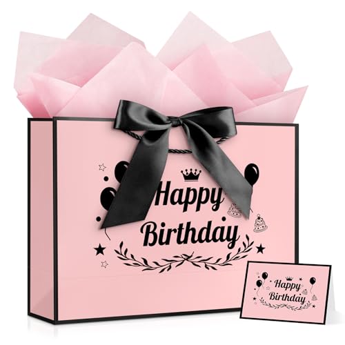 Image of JMANNI Happy Birthday Gift Bag, Pink with Black Satin Bow & Crown Design, Medium Birthday Present Bag for Party Favors, Size 12.60 inchx8.66 inchx4.33 inch