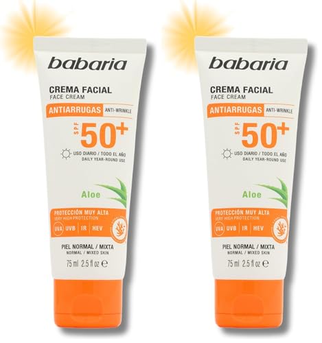 Babaria - Protector Solar Facial 50 Aloe | Protector Solar 50 | Crema Antiarrugas Mujer | Crema Hidratante Facial Mujer | Protección Muy Alta Con Aloe Vera (Paquete de 2)