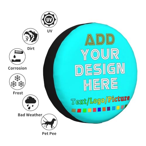 Image of Custom Spare Tire Cover with Picture, Customize Wheel Cover with Logo Personalized Waterproof Dust-Proof Polyester Tire Protectors for Trailer RV SUV All Vehicle, Cyan
