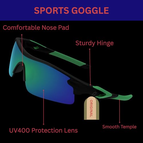 Image of Oversized Sports Goggles for Men & Women UV400 Protection Non Polarized Cycling Running Cricket Driving Fishing Outdoor Lightweight Wraparound Design Clear Vision Eyewear. (Red + Green)